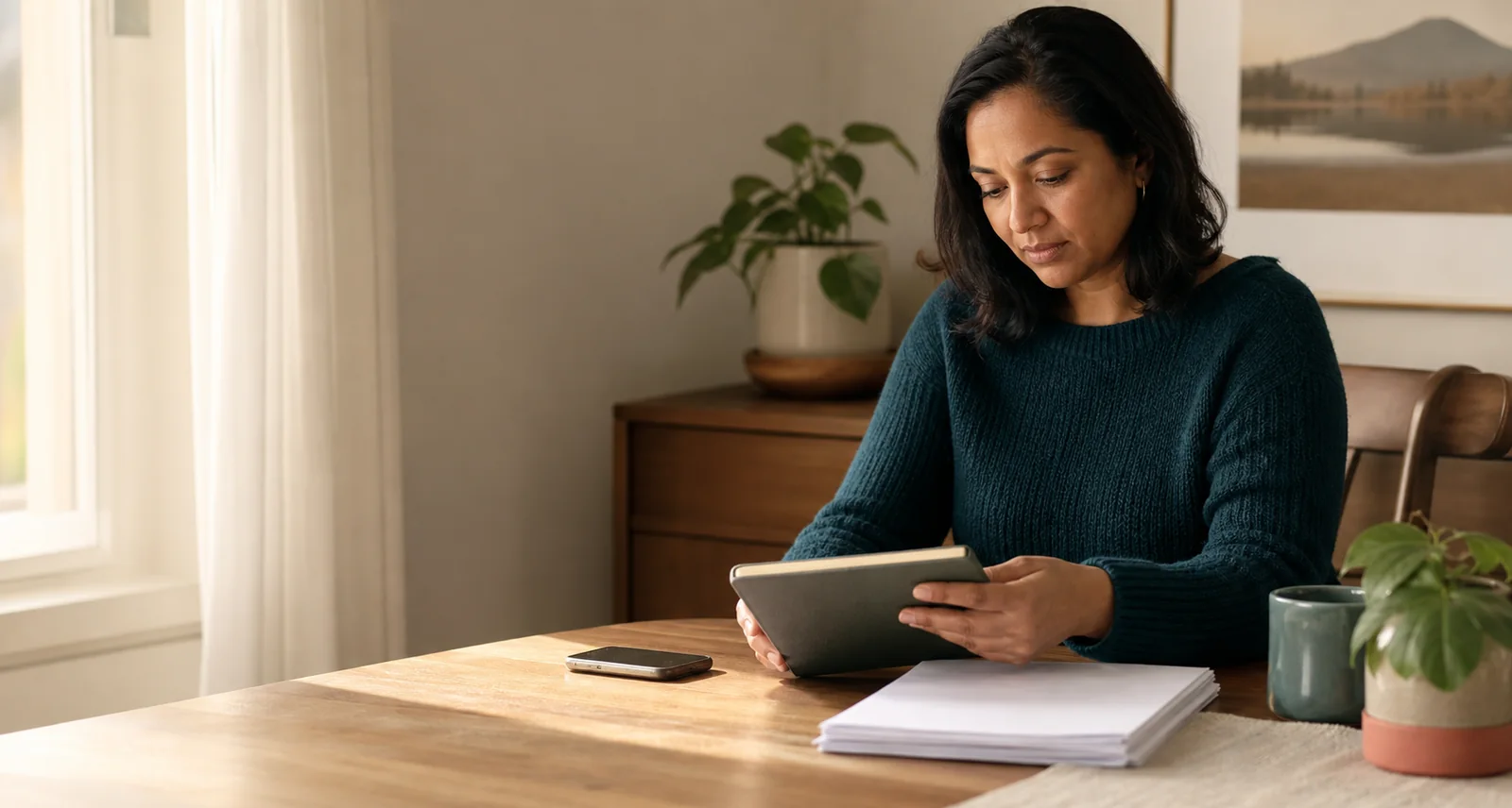 A person calmly organizing care information at home